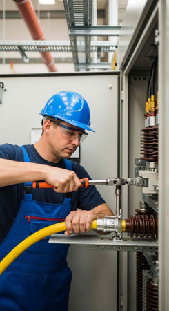 A male electrician in a blue hard hat and overalls working on electrical equipment with a yellow...