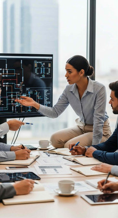 A businesswoman presenting a project plan to her colleagues in a modern office setting with a large...