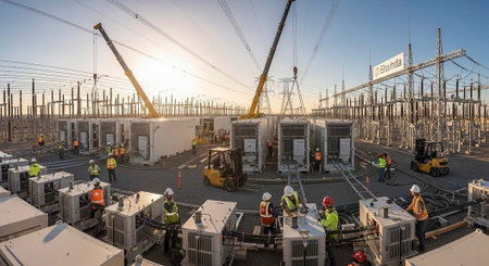 Workers in hard hats and safety vests construct an electrical substation with cranes and equipment...