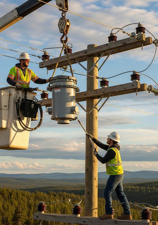 Two workers in hard hats and vests install electrical equipment on a power pole in a forest