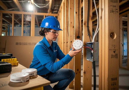 A woman in a blue hard hat and safety gear works on electrical wiring in a construction site