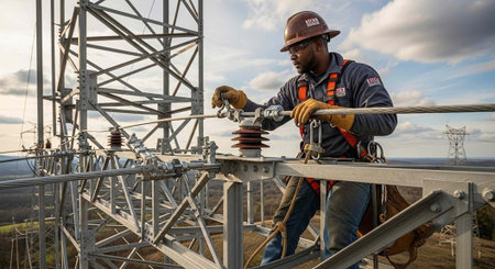 A male electrician in a hard hat working on a power line tower with a cloudy sky