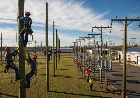 A group of linemen in training climb utility poles in a field under a blue sky with clouds