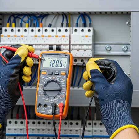 A person wearing gloves using a multimeter to measure voltage in an electrical panel