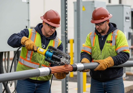 Two construction workers in safety gear working on a metal pipe with a power tool outdoors