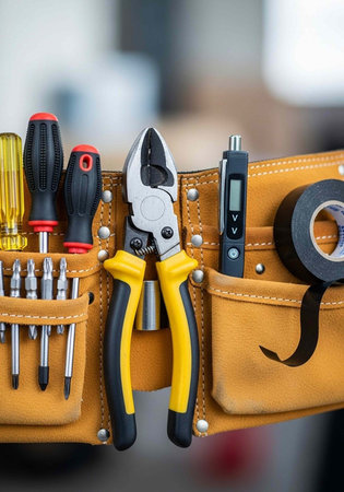 A leather tool belt with various tools and equipment for construction and repair work