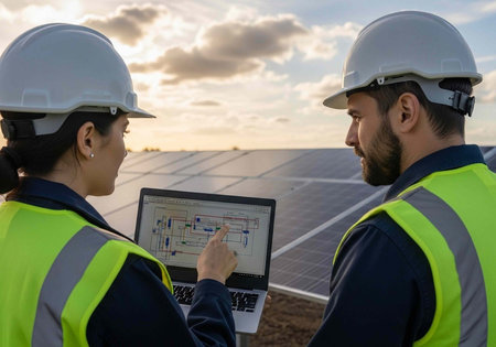 Two engineers in hard hats and safety vests examine a laptop screen outdoors at a solar panel farm