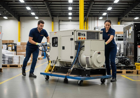 Two workers in a warehouse moving a large industrial generator on a dolly together.