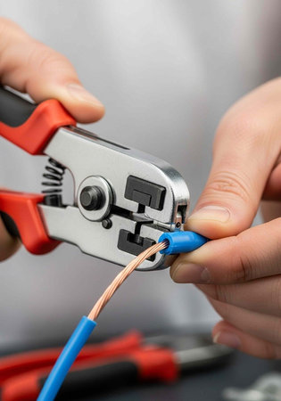 A person using wire strippers to strip the insulation from an electrical wire