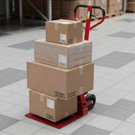 A stack of cardboard boxes on a red pallet jack in a warehouse or storage facility setting.