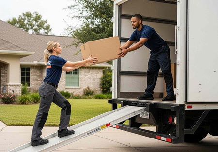 Two people in uniform moving a cardboard box into a large white truck on a suburban street