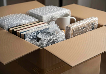 A cardboard box filled with bubble wrap and various household items for moving or storage