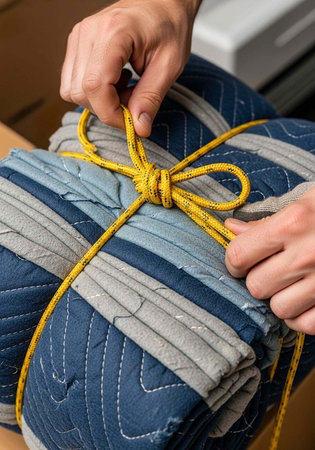 A person tying a yellow rope around a neatly folded stack of blue and gray blankets