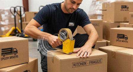 A man in a warehouse carefully sealing a cardboard box with packing tape
