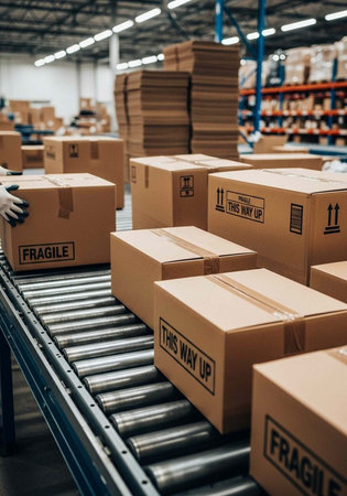 A large warehouse with many cardboard boxes on a conveyor belt and shelves in the background.