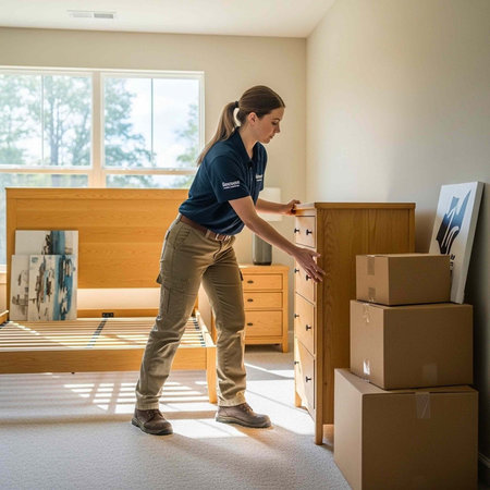 A woman in a blue shirt is moving boxes into a new room with furniture and natural light