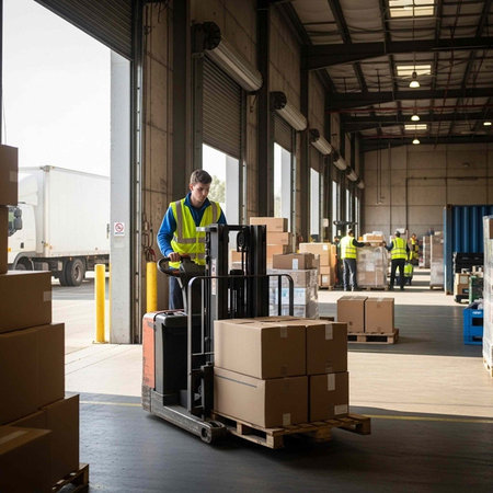 A man in a warehouse operating a forklift with boxes and other workers in the background.
