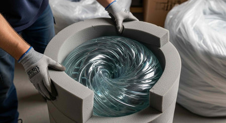 A person wearing gloves handles a large roll of glass in a warehouse setting with care and...