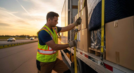 A man in a high-visibility vest securing cargo on a truck beside a highway at sunset