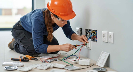 A female electrician in a hard hat works on an electrical outlet with various tools and wires