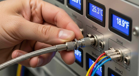 A hand connects a cable to a device with digital temperature displays and colorful wires.