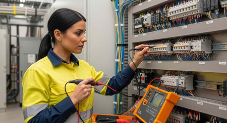 A female electrician in a yellow uniform working with electrical equipment and a multimeter in an...