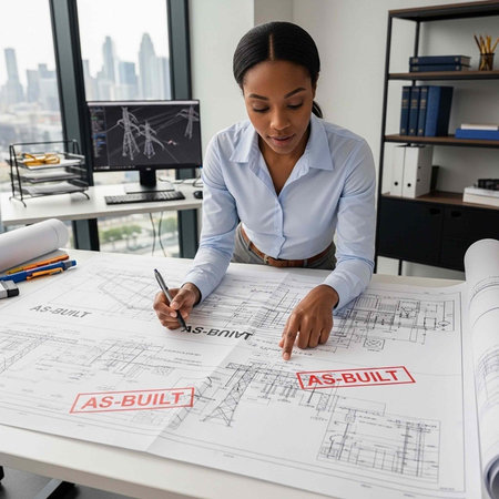 A professional woman working on architectural blueprints in a modern office with a city view