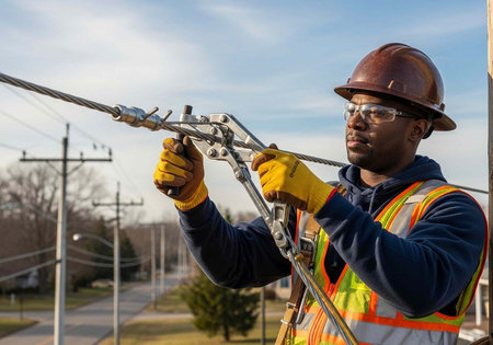A male worker in a hard hat and safety vest works on electrical wires outdoors