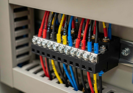 A close-up view of a complex electrical wiring system with multiple colored cables and connectors