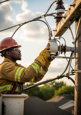 A utility worker in a hard hat and safety gear repairs electrical wires on a pole