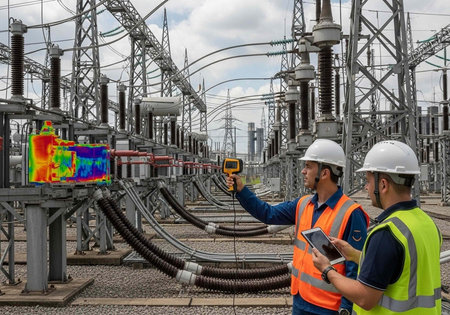 Two engineers in hard hats inspecting an electrical substation with thermal imaging technology