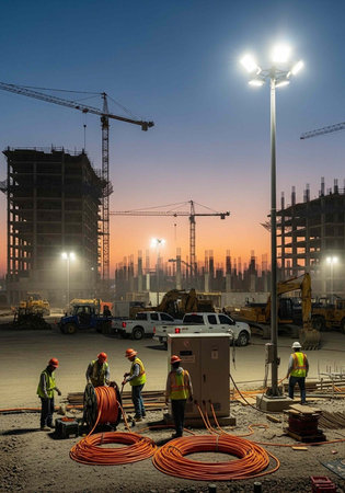 Construction workers laboring on a building site during dusk with cranes and vehicles in the...