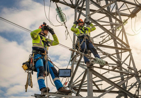 Two workers in safety gear climbing a power transmission tower with a cloudy sky in the backgroundの写真素材