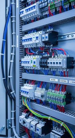 A complex electrical panel with multiple wires and circuit breakers in an industrial setting