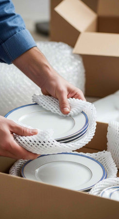 Hands holding plates wrapped in bubble wrap in a cardboard box with more plates and boxes in...