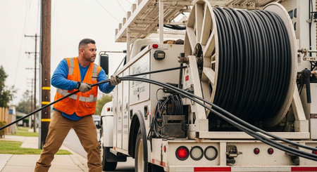A man in an orange safety vest operates a large cable spool on a utility truck
