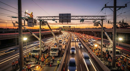 A busy highway with cars and construction workers at sunset