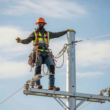 A construction worker in a hard hat and safety vest stands on a power line tower against a blue sky