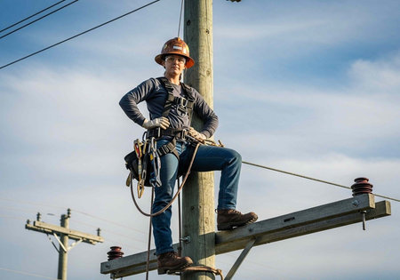A female electrician in a hard hat and safety gear works on a power line against a blue sky