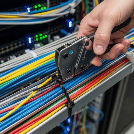 A person's hand holding a cable tie in front of a rack of colorful wires and cables