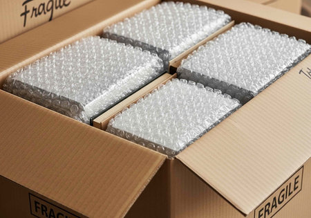 Cardboard box with bubble wrap and fragile labels for safe transportation of delicate items