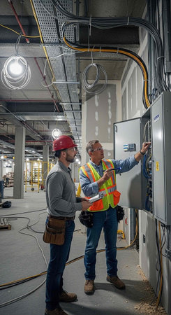 Two construction workers in hard hats and safety vests inspecting electrical panels in an industrial...