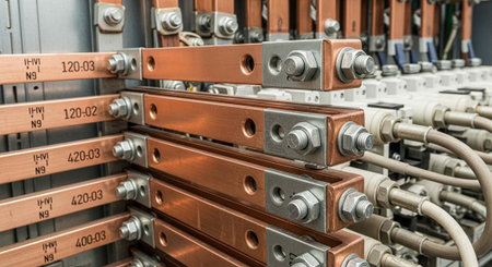 A close-up view of industrial copper and steel components with tubes and labels in a factory setting