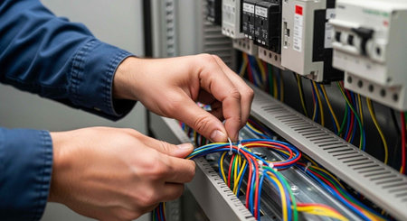 A person in a blue uniform working with colorful wires in an electrical panel