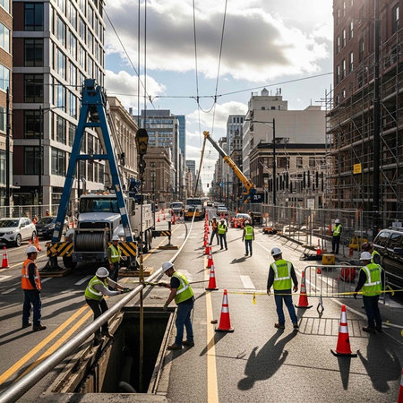 Workers in high-visibility vests conduct roadwork on a city street with a large truck and equipment