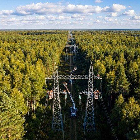 Workers on a crane maintain high voltage power transmission towers in a dense forest under a blue...