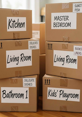 Labeled cardboard boxes stacked for moving, including kitchen, bedroom, living room, and bathroom...