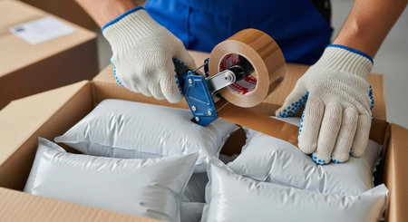 Gloved hands packing white packages in a box with brown tape