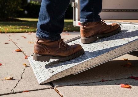 Person's legs and feet on metal ramp with brown boots and blue jeans on cracked pavement