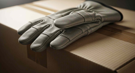 Gray leather gloves on cardboard box, highlighting texture and craftsmanship.